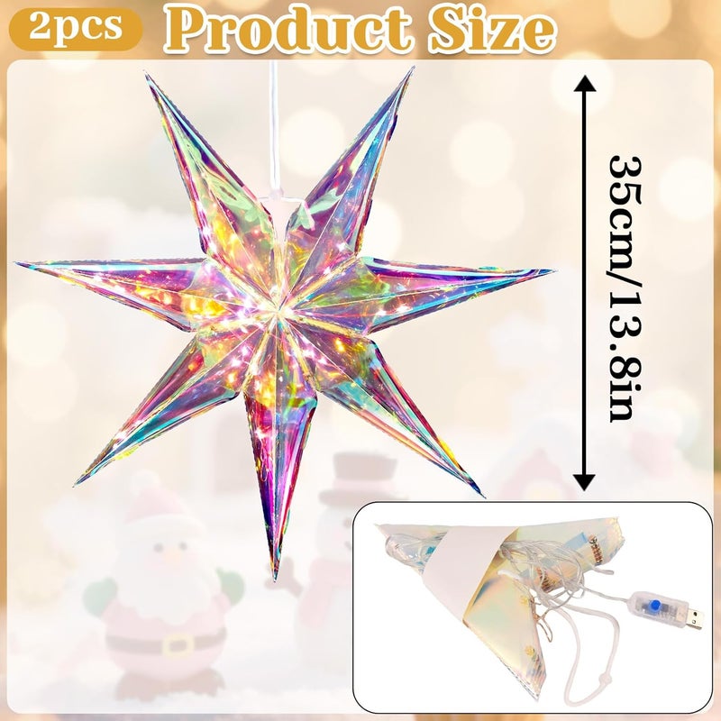 paper jazz Iridescent Christmas Decorations Star Hanging,Christmas Tree Decoration with Star String Light, Iridescent Xmas Ornaments with LED for Indoor Outdoor,Wall,Window. - Image 3